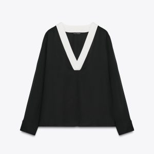 بلوز دکمه‌دار یقه V آستین بلند از برند زارا (زنانه)