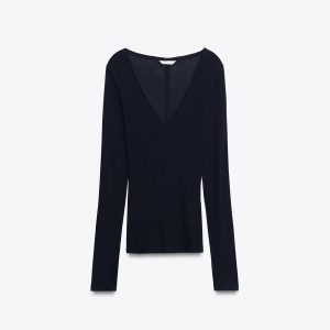 تی‌شرت پنبه‌ای یقه V آستین بلند از برند زارا (زنانه)