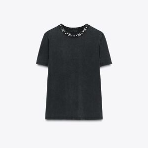 تی‌شرت پنبه‌ای با یقه گرد و جواهر از برند زارا (زنانه)