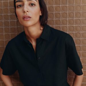 پیراهن کتان آستین کوتاه با یقه کلاسیک از برند زارا (زنانه)