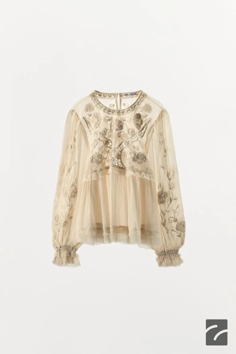 بلوز ویسکوز یقه گرد با آستین بادکنکی از برند زارا (زنانه)