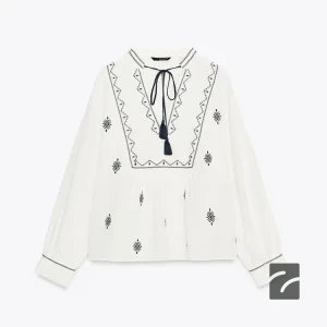 بلوز یقه گرد گلدوزی شده با آستین بلند از برند زارا (زنانه)