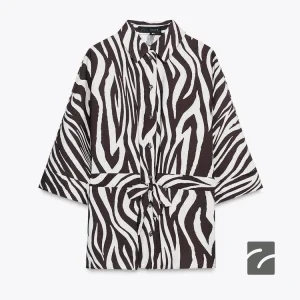 پیراهن یقه‌دار با آستین گشاد و کمربند از برند زارا (زنانه)