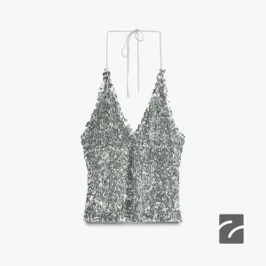 تاپ یقه هالتر بنددار با پولک از برند زارا (زنانه)