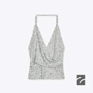 تاپ یقه هالتر و V متقاطع با تزئینات پ از برند زارا (زنانه)